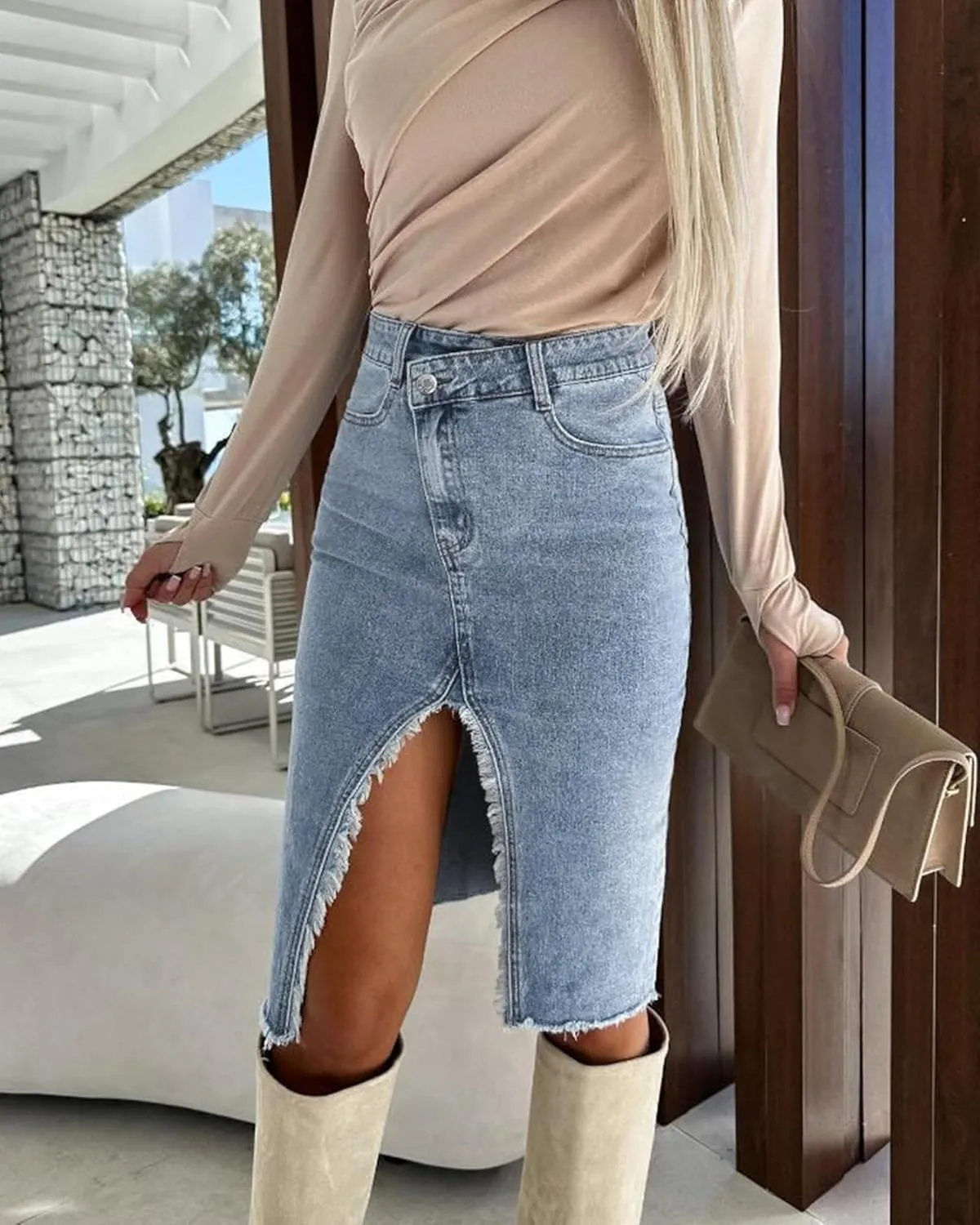Womens High Waist Midi Jean Skirt Casual Split Frayed Raw Hem Stretchy Knee Length Denim Skirt