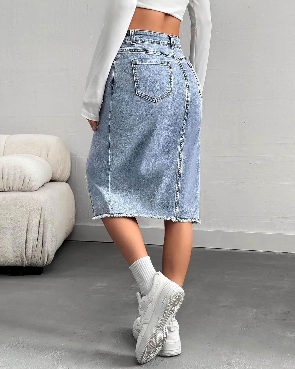 Womens High Waist Midi Jean Skirt Casual Split Frayed Raw Hem Stretchy Knee Length Denim Skirt