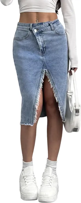 Womens High Waist Midi Jean Skirt Casual Split Frayed Raw Hem Stretchy Knee Length Denim Skirt