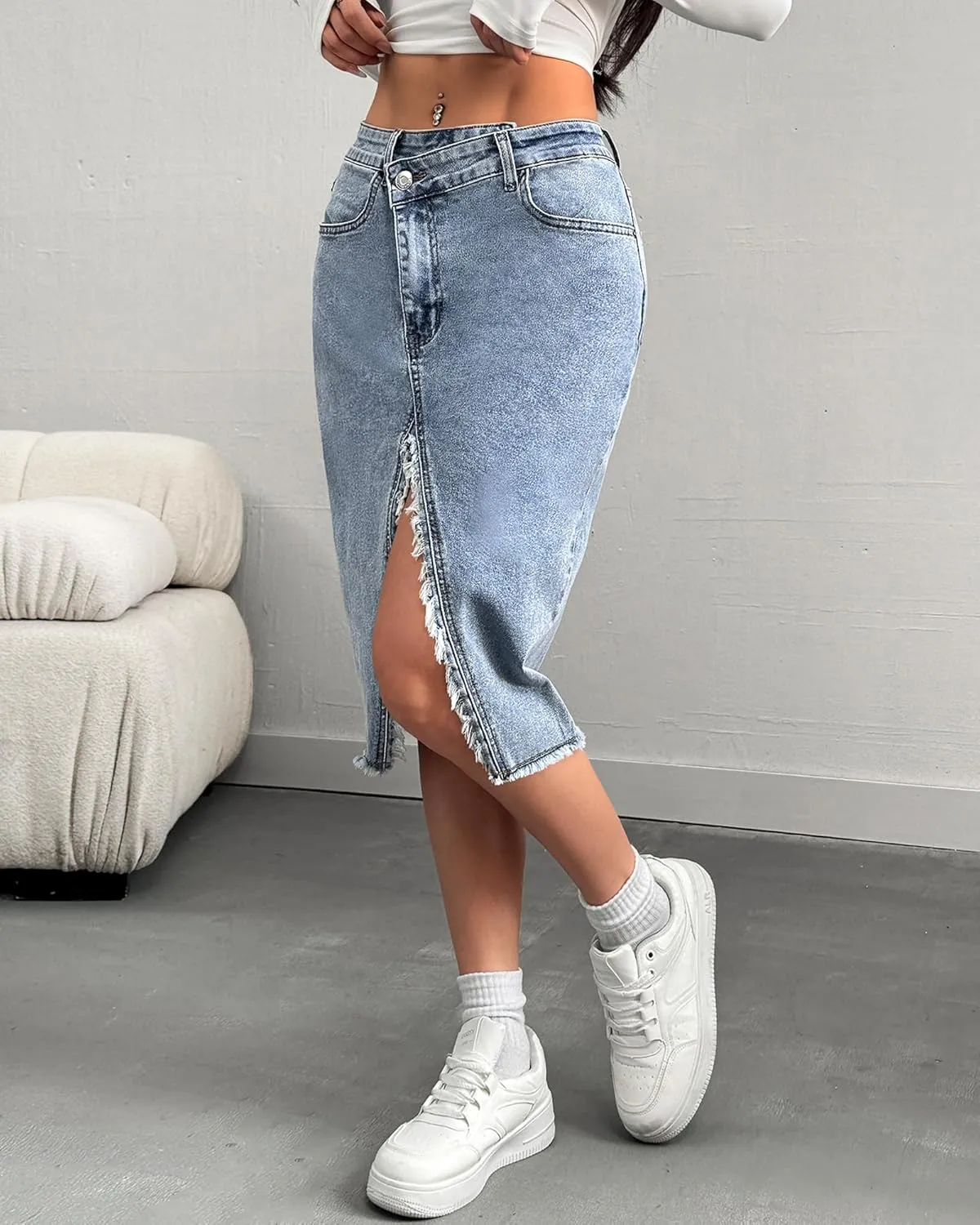 Womens High Waist Midi Jean Skirt Casual Split Frayed Raw Hem Stretchy Knee Length Denim Skirt