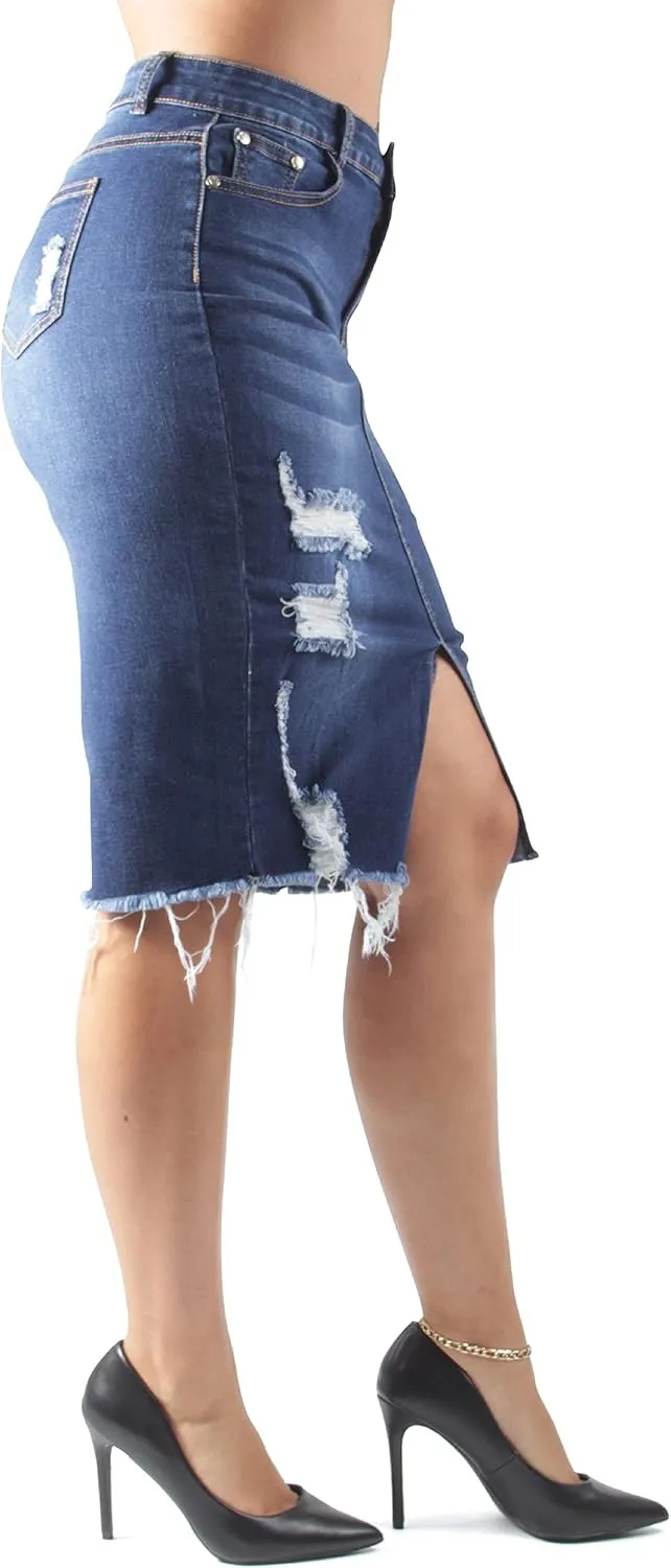 Womens Junior/Plus Size Below Knee Length Midi Pencil Ripped Denim Skirt