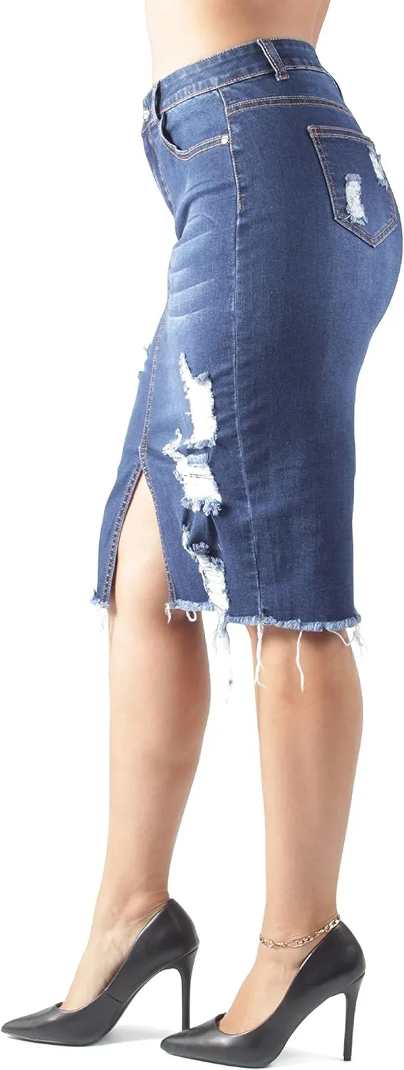 Womens Junior/Plus Size Below Knee Length Midi Pencil Ripped Denim Skirt
