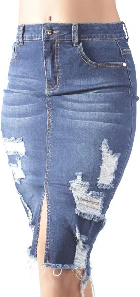 Womens Junior/Plus Size Below Knee Length Midi Pencil Ripped Denim Skirt