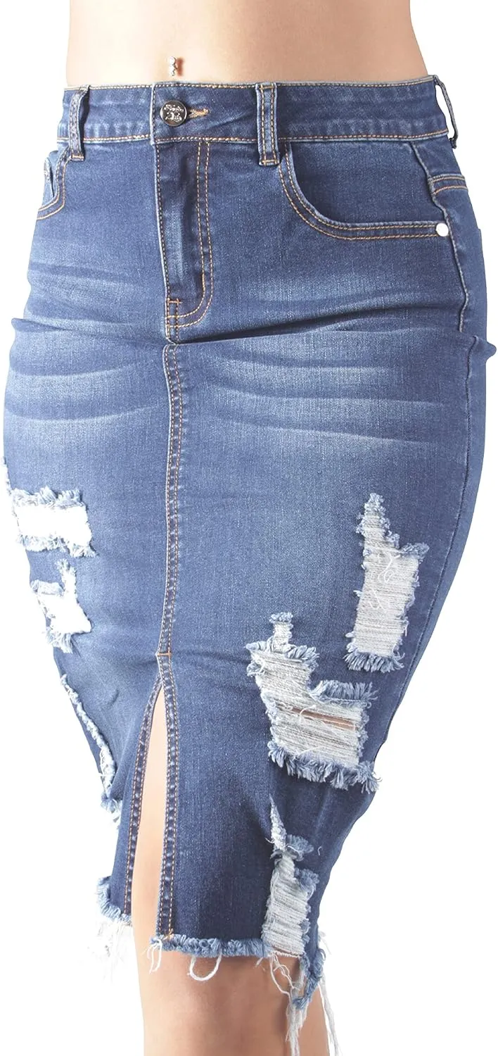 Womens Junior/Plus Size Below Knee Length Midi Pencil Ripped Denim Skirt