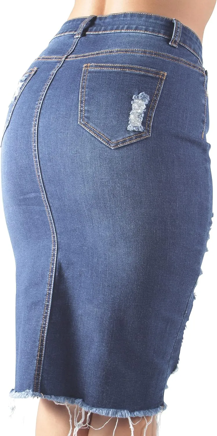 Womens Junior/Plus Size Below Knee Length Midi Pencil Ripped Denim Skirt