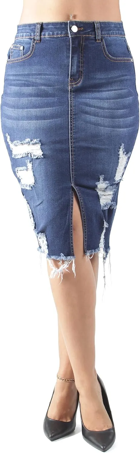 Womens Junior/Plus Size Below Knee Length Midi Pencil Ripped Denim Skirt