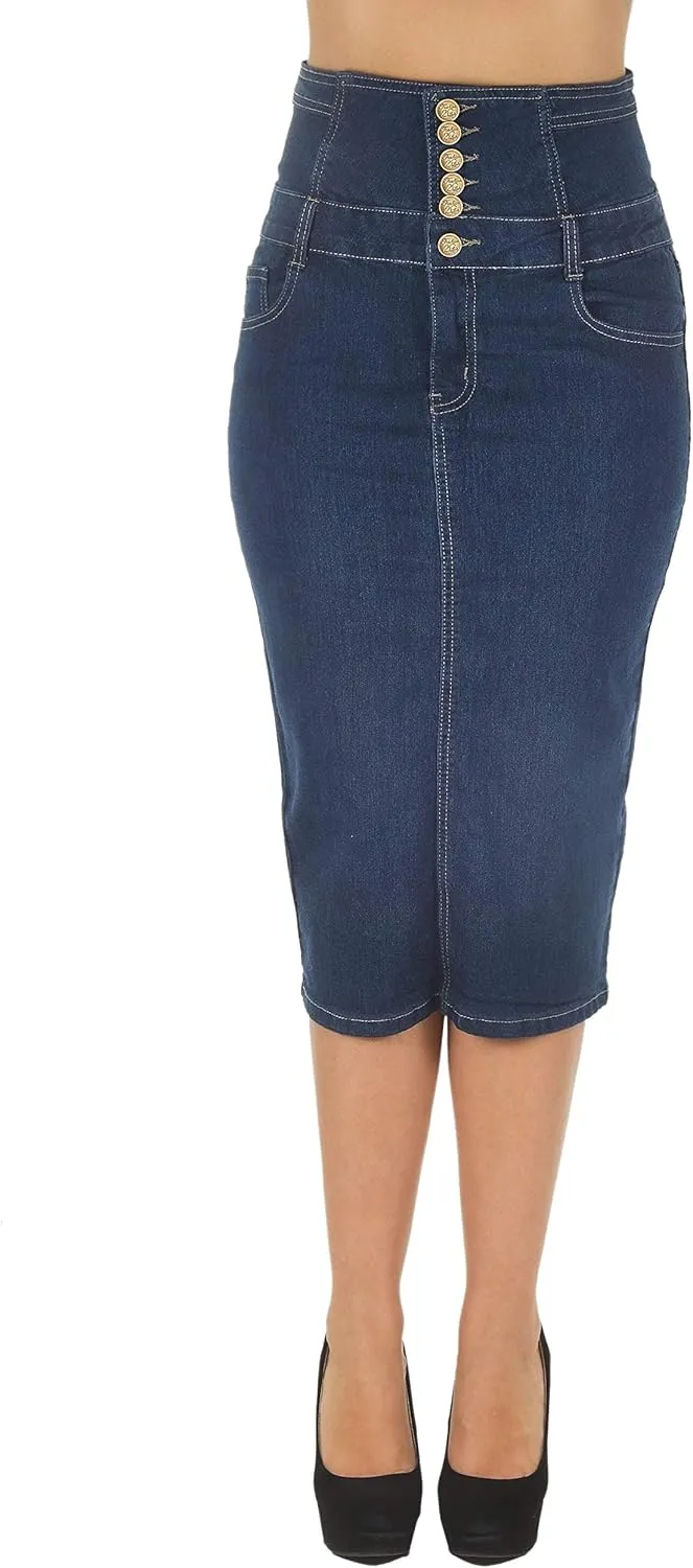 Womens Juniors/Plus Size High Waist Long/Knee Length Midi Pencil Denim Skirt
