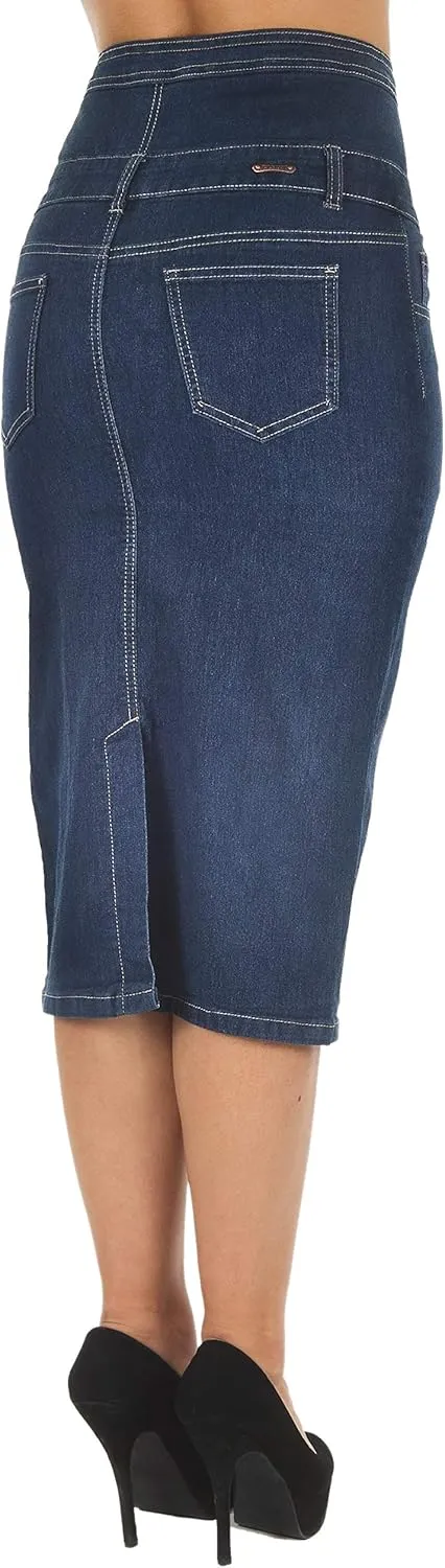 Womens Juniors/Plus Size High Waist Long/Knee Length Midi Pencil Denim Skirt