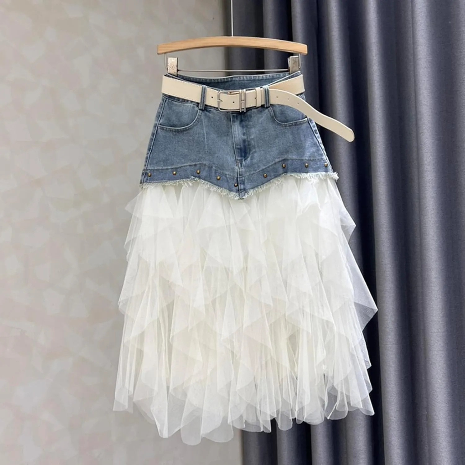 Women's Mesh Tulle Denim Skirt A-Line Beaded Patchwork Casual Jean Medium Long Skirt with Belt