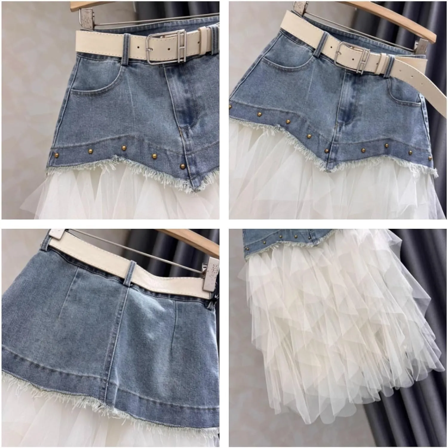 Women's Mesh Tulle Denim Skirt A-Line Beaded Patchwork Casual Jean Medium Long Skirt with Belt