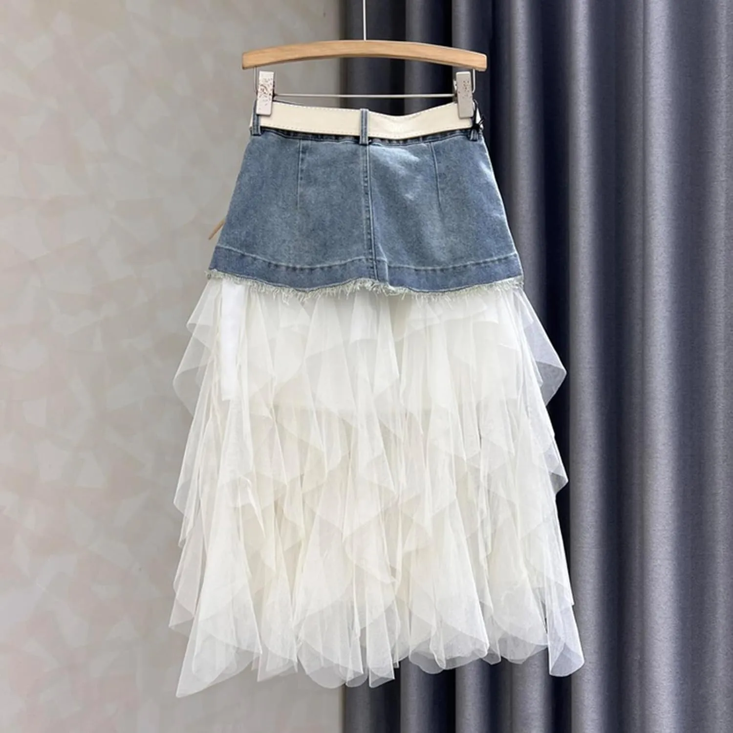Women's Mesh Tulle Denim Skirt A-Line Beaded Patchwork Casual Jean Medium Long Skirt with Belt