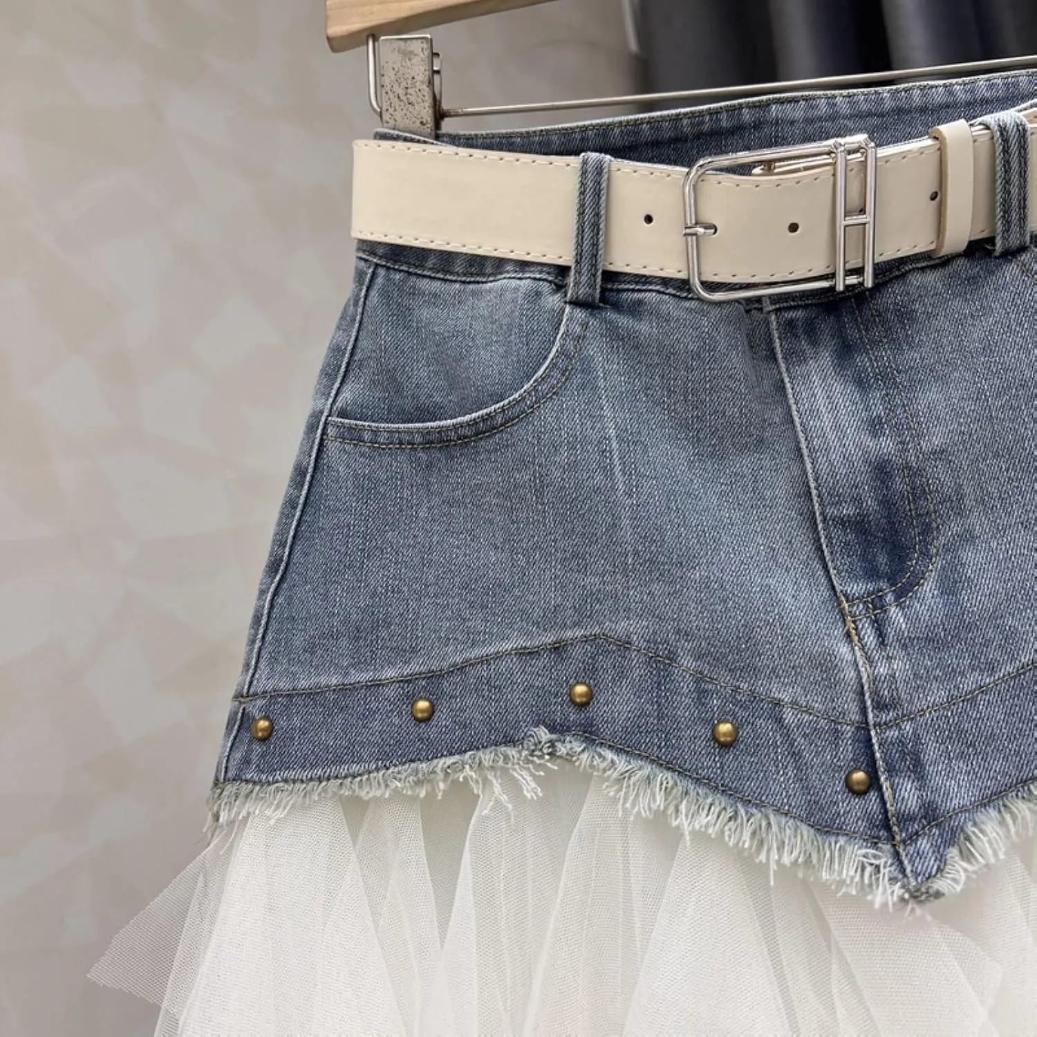Women's Mesh Tulle Denim Skirt A-Line Beaded Patchwork Casual Jean Medium Long Skirt with Belt