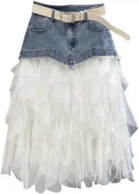 Women's Mesh Tulle Denim Skirt A-Line Beaded Patchwork Casual Jean Medium Long Skirt with Belt