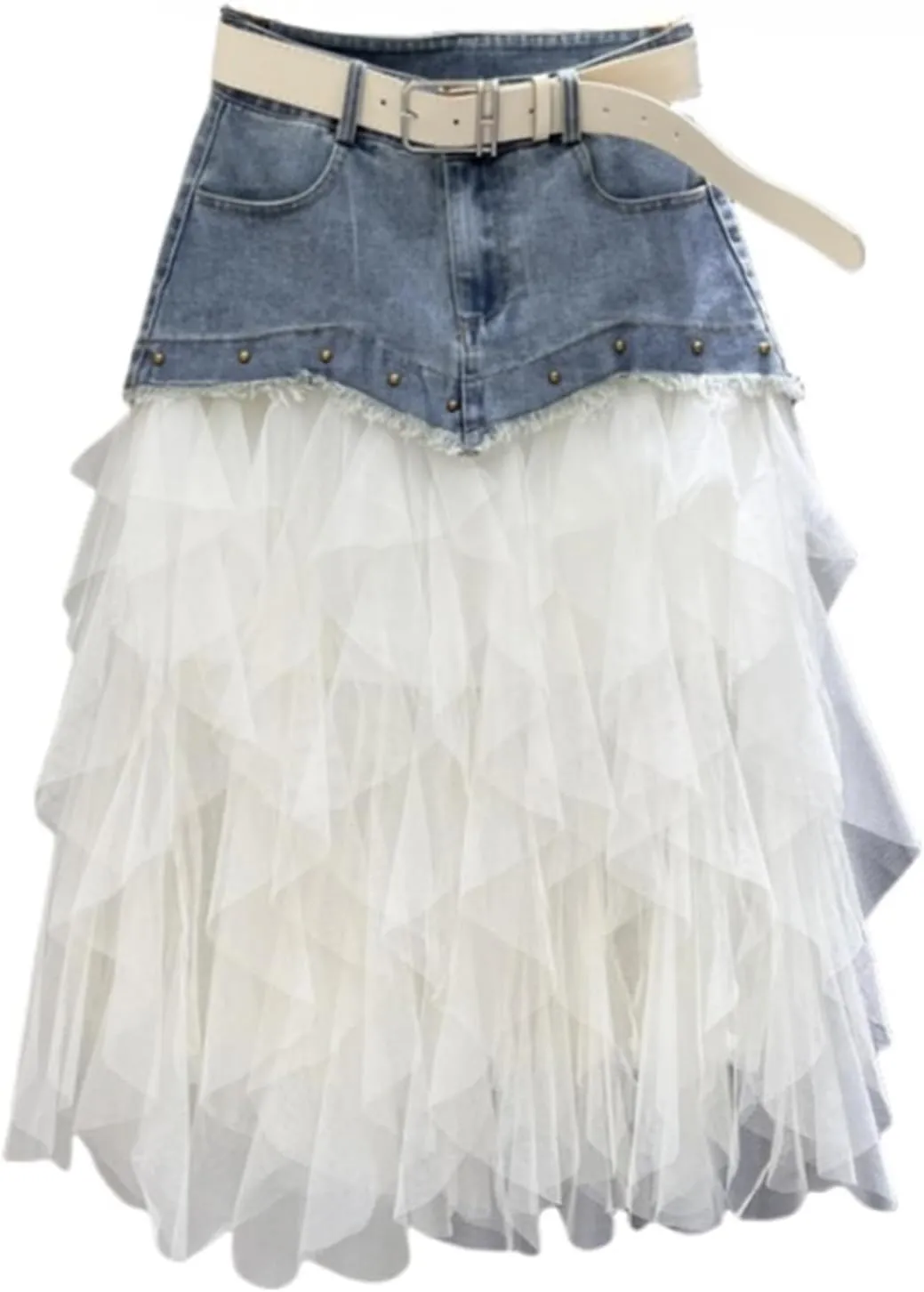 Women's Mesh Tulle Denim Skirt A-Line Beaded Patchwork Casual Jean Medium Long Skirt with Belt