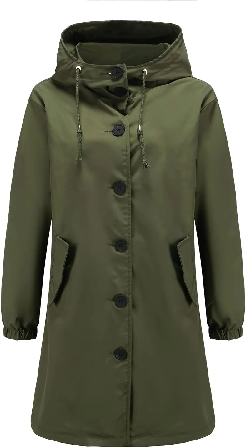 Women's Water-Resistant Hooded Trench Coat, Casual Long Windbreaker, Loose Fit, Fall Winter