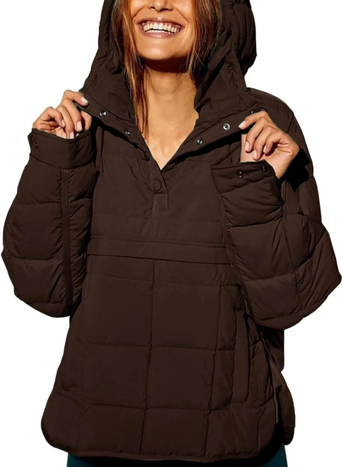 Womens's Lightweight Down Coat Long Sleeve Button Quilted Pullover Puffer Jacket Packable Hooded Winter Coat