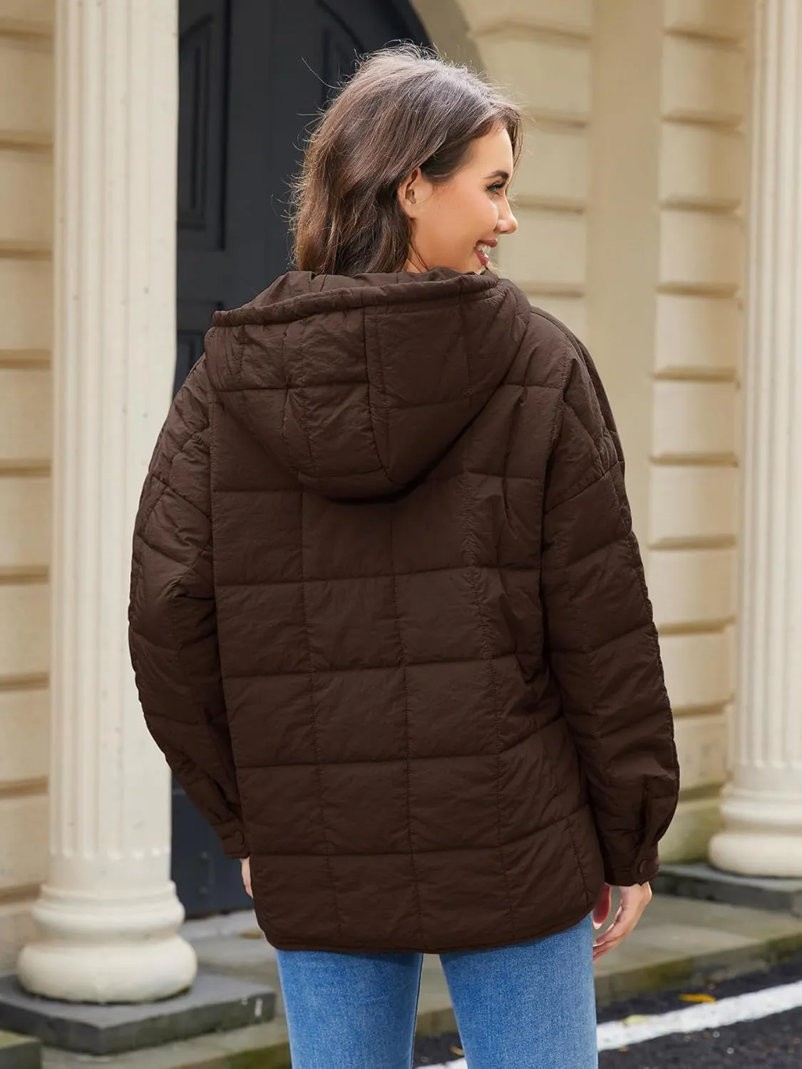 Womens's Lightweight Down Coat Long Sleeve Button Quilted Pullover Puffer Jacket Packable Hooded Winter Coat