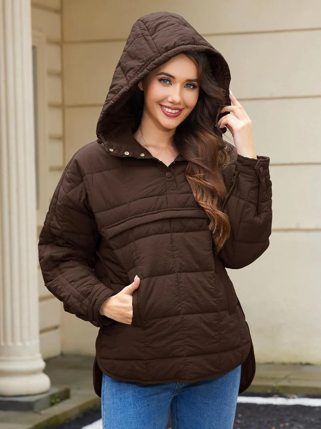 Womens's Lightweight Down Coat Long Sleeve Button Quilted Pullover Puffer Jacket Packable Hooded Winter Coat