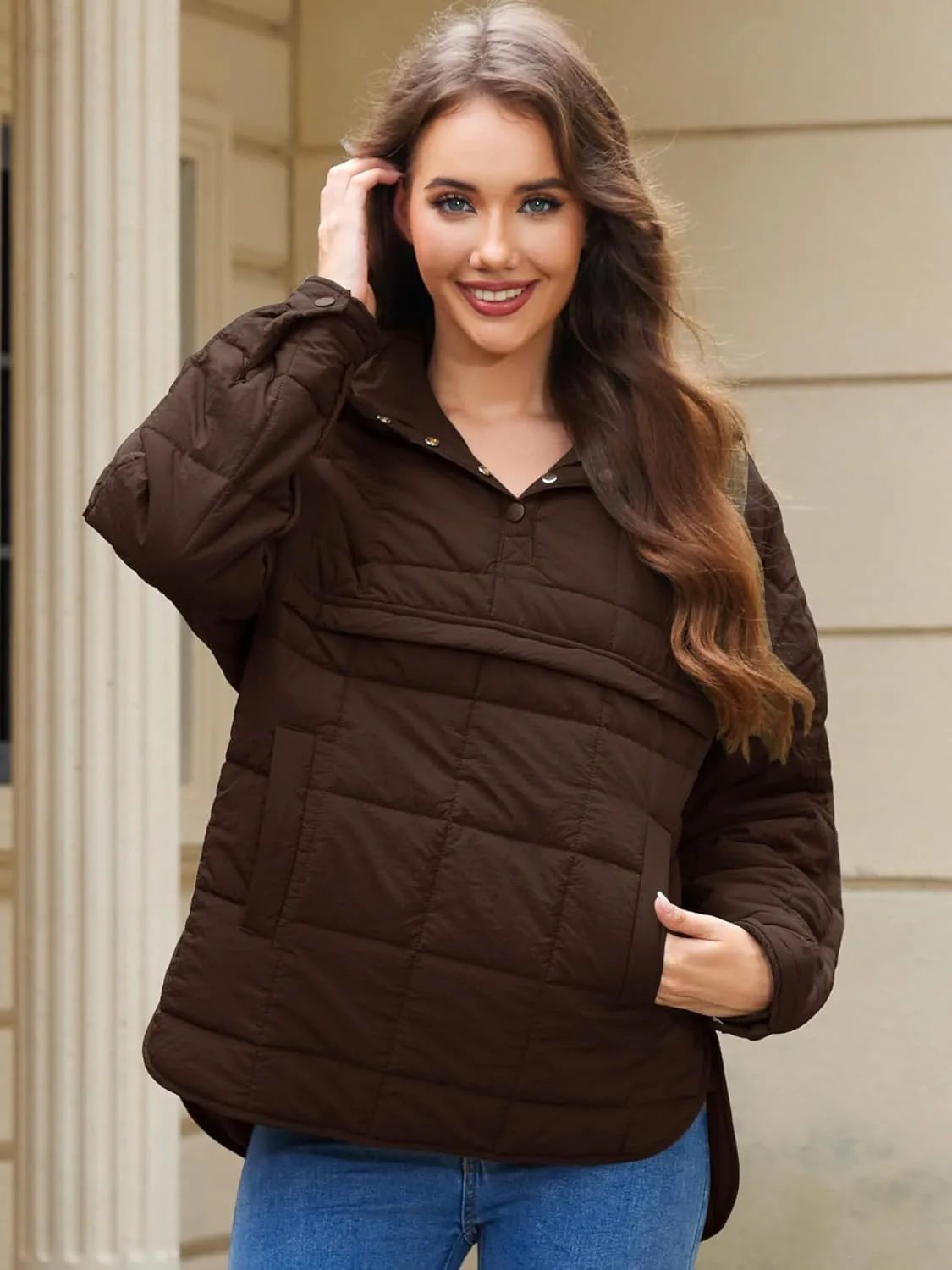 Womens's Lightweight Down Coat Long Sleeve Button Quilted Pullover Puffer Jacket Packable Hooded Winter Coat