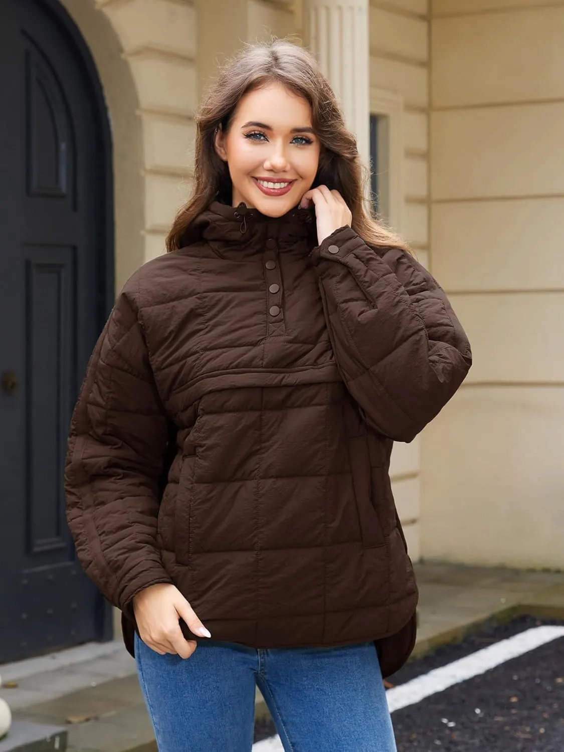 Womens's Lightweight Down Coat Long Sleeve Button Quilted Pullover Puffer Jacket Packable Hooded Winter Coat