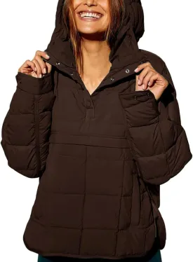 Womens's Lightweight Down Coat Long Sleeve Button Quilted Pullover Puffer Jacket Packable Hooded Winter Coat