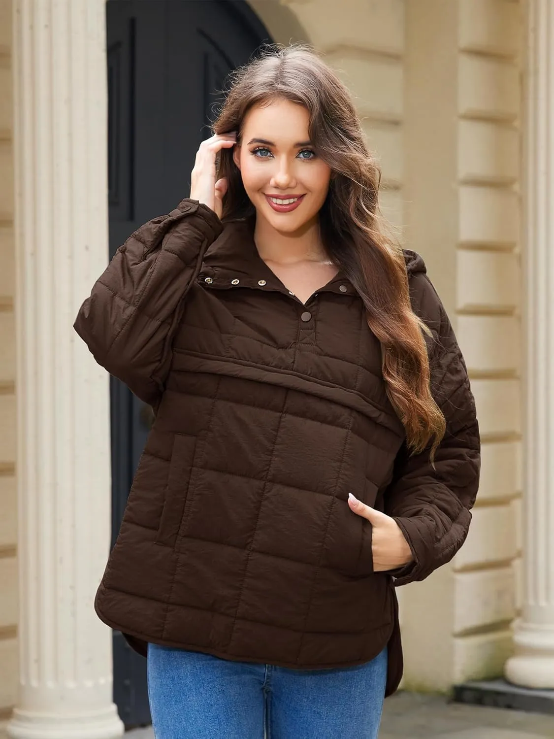 Womens's Lightweight Down Coat Long Sleeve Button Quilted Pullover Puffer Jacket Packable Hooded Winter Coat