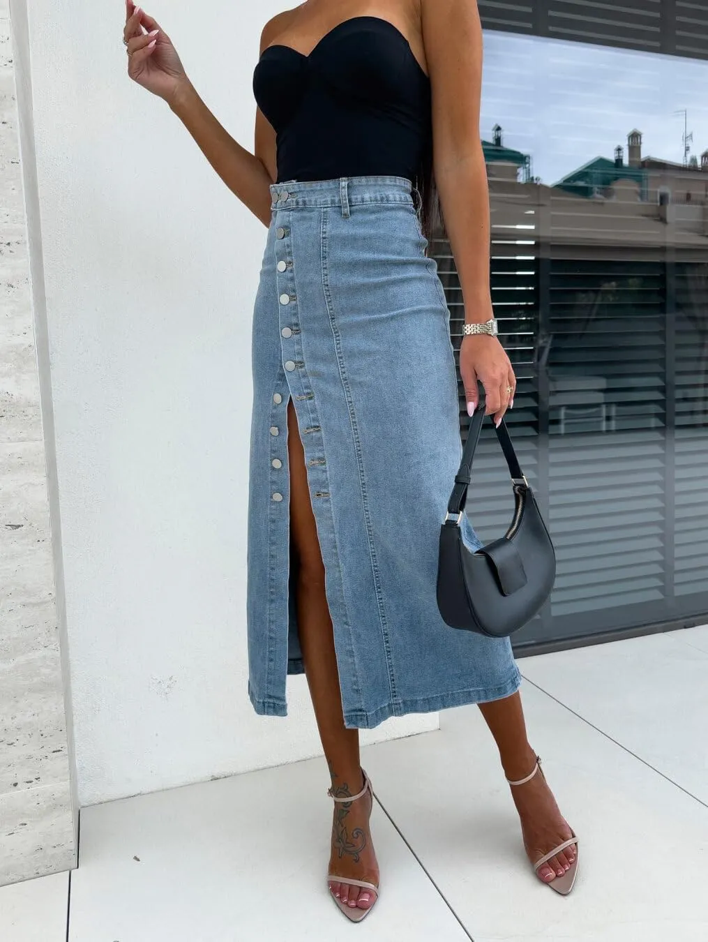 yoeasy Women's Casual Denim Midi Skirt High Waist Button Up Sexy Side Slit Irregular Stretch Jean Skirts