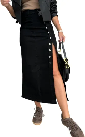 yoeasy Women's Casual Denim Midi Skirt High Waist Button Up Sexy Side Slit Irregular Stretch Jean Skirts
